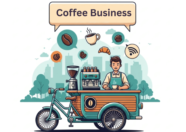 Mobile coffee cafe business concept with barista serving fresh coffee, croissants, and snacks in the city with modern café startup vibes.