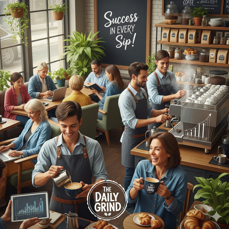 Busy modern coffee shop with baristas serving fresh lattes, happy customers working and relaxing, symbolizing success and growth in the coffee business.